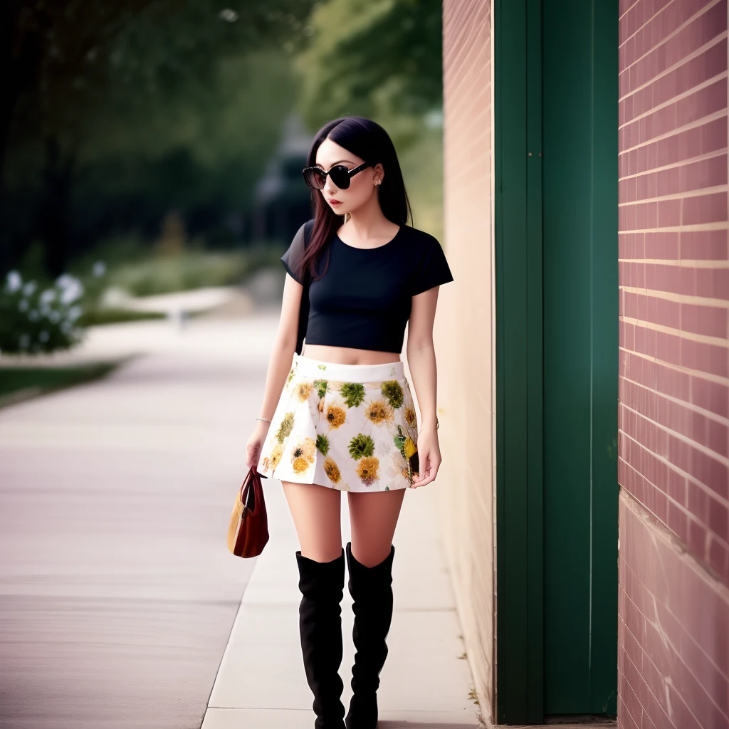 Arafed woman in a skirt and boots standing on a sidewalk - SeaArt AI