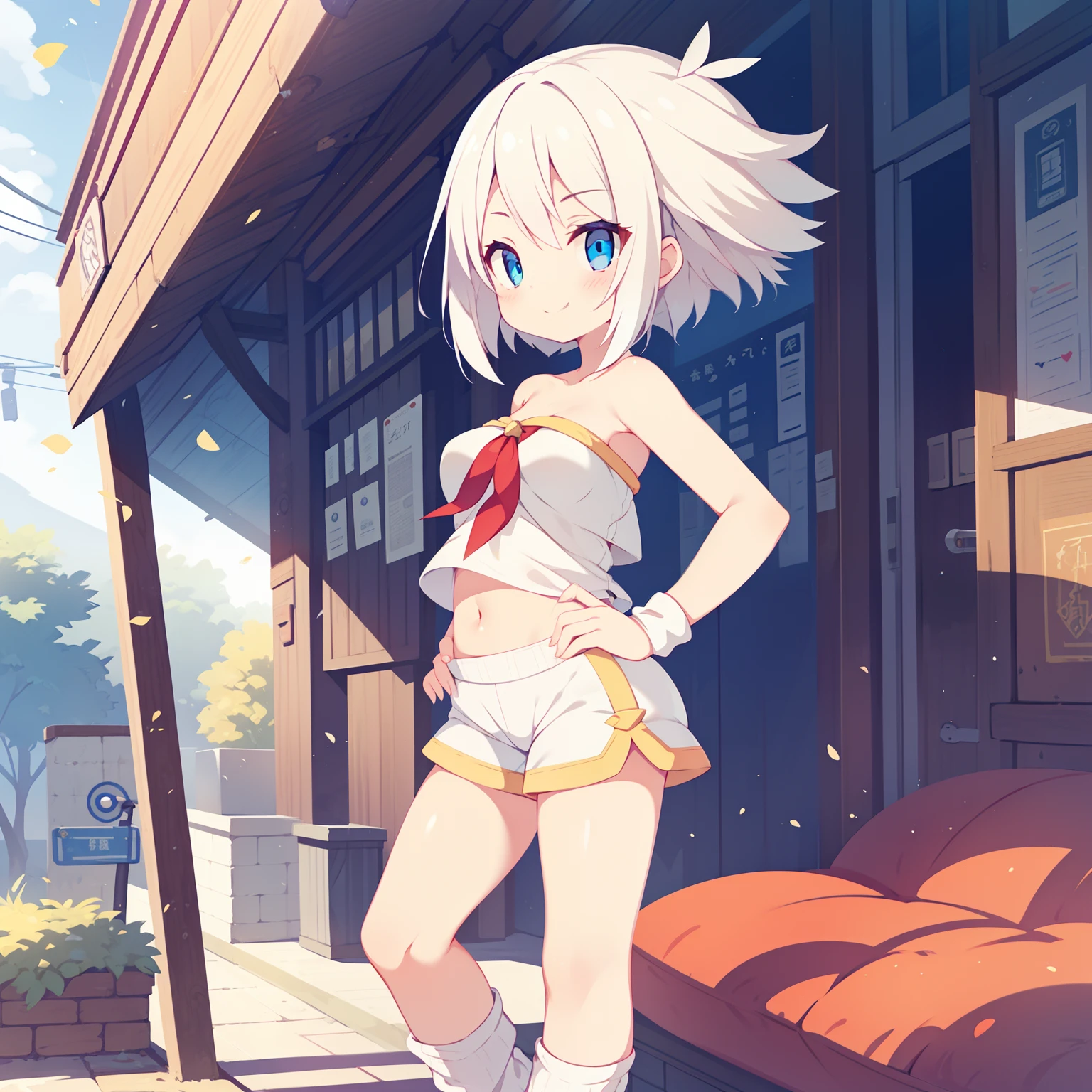 1girl, solo, masutepiece, nffsw、Shaders、Brilliant Textured Work、(Pokémon:1.2)、White hair、short-hair、(Tube Top:1.3)、(hotpants:1.3)、(White loose long socks:1.5)、large full breasts、You can see the valley、Navel、BREAK、sharp eye、Sanpaku eyes、Front Angle、Shoulder out、Sleeveless、Sapphire Eye、Shining eyes、evil smile,　I don't have anything、No one around、feet shoulder-width apart、Hands on the hips、schools、