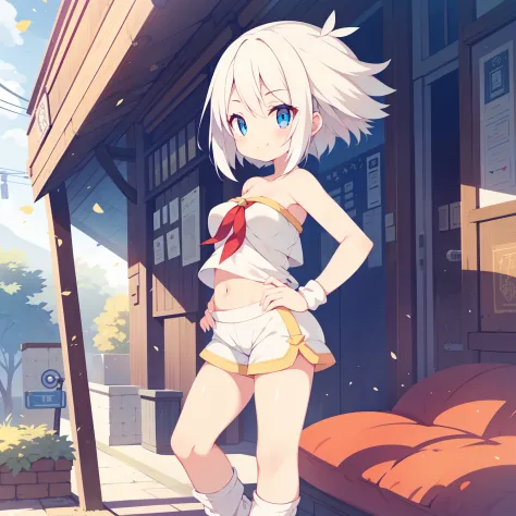 1girl, solo, masutepiece, nffsw、shaders、brilliant textured work、(pokémon:1.2)、white hair、short-hair、(tube top:1.3)、(hotpants:1.3...