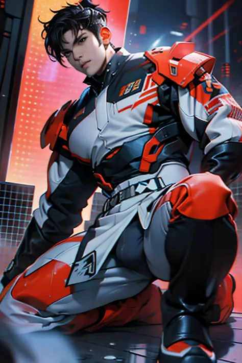 A tall muscular boy, Naked, Legs spread, detailed face, detailed eyes, (The whole body of the character），impact, Sweaty, Wet, Seductive, Bigboobs , large bulge, big balls, From the knees, big ass, mechs, punky style, Wu Yifan