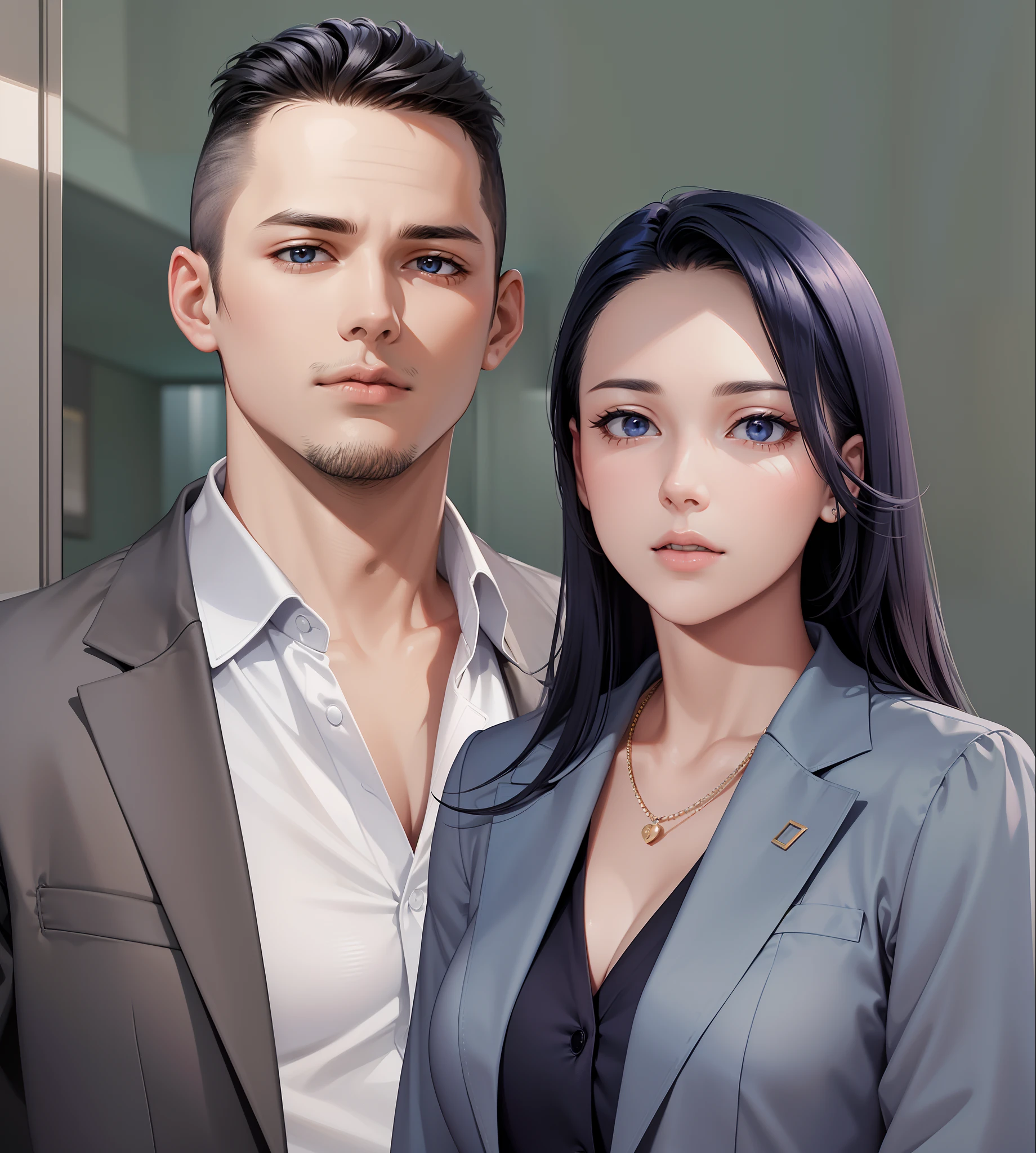 2 people, woman and man, Attractive profile picture, masterpiece, ultra-precise rendering, beautiful and cool young woman, trustworthy, dependable young woman, savior of the world, simple design, most beautiful image, 4K, blue black hair, beautiful woman, handsome man