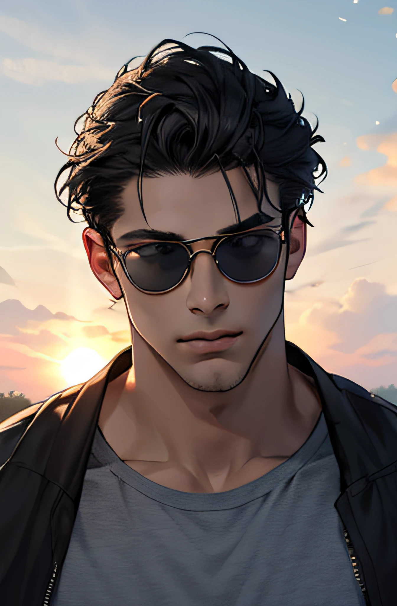 Lifelike，（The Masterpiece，Top quality，best qulity，officlal art），greatly detailed，Colorful，Most detailed，God，shorter hair，black color hair，Handsome man，gargantilha，short sleeve，outskirts，sun glasses