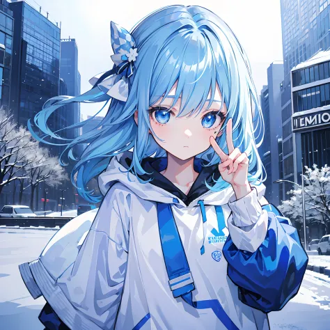 1girl, with light blue hair and blue eyes, wearing a hair ribbon and a blue and white hoodie. The scene is set in winter, with the girl looking directly at the viewer. This image can be used as a profile picture.City background.Peace sign