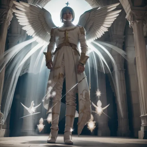 There's an angel levitating spreading his power around an angelic fantasy castle. arte conceitual