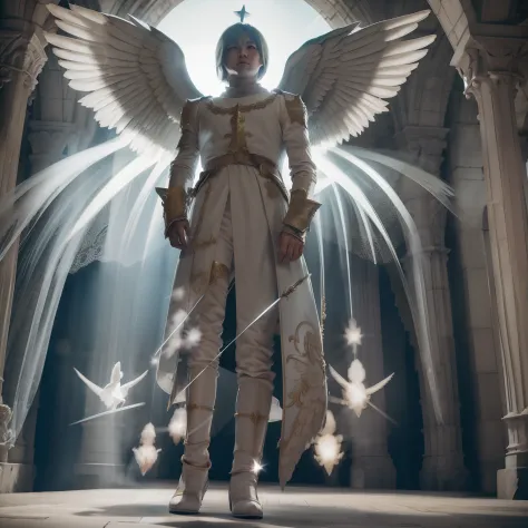 there's an angel levitating spreading his power around an angelic fantasy castle. arte conceitual