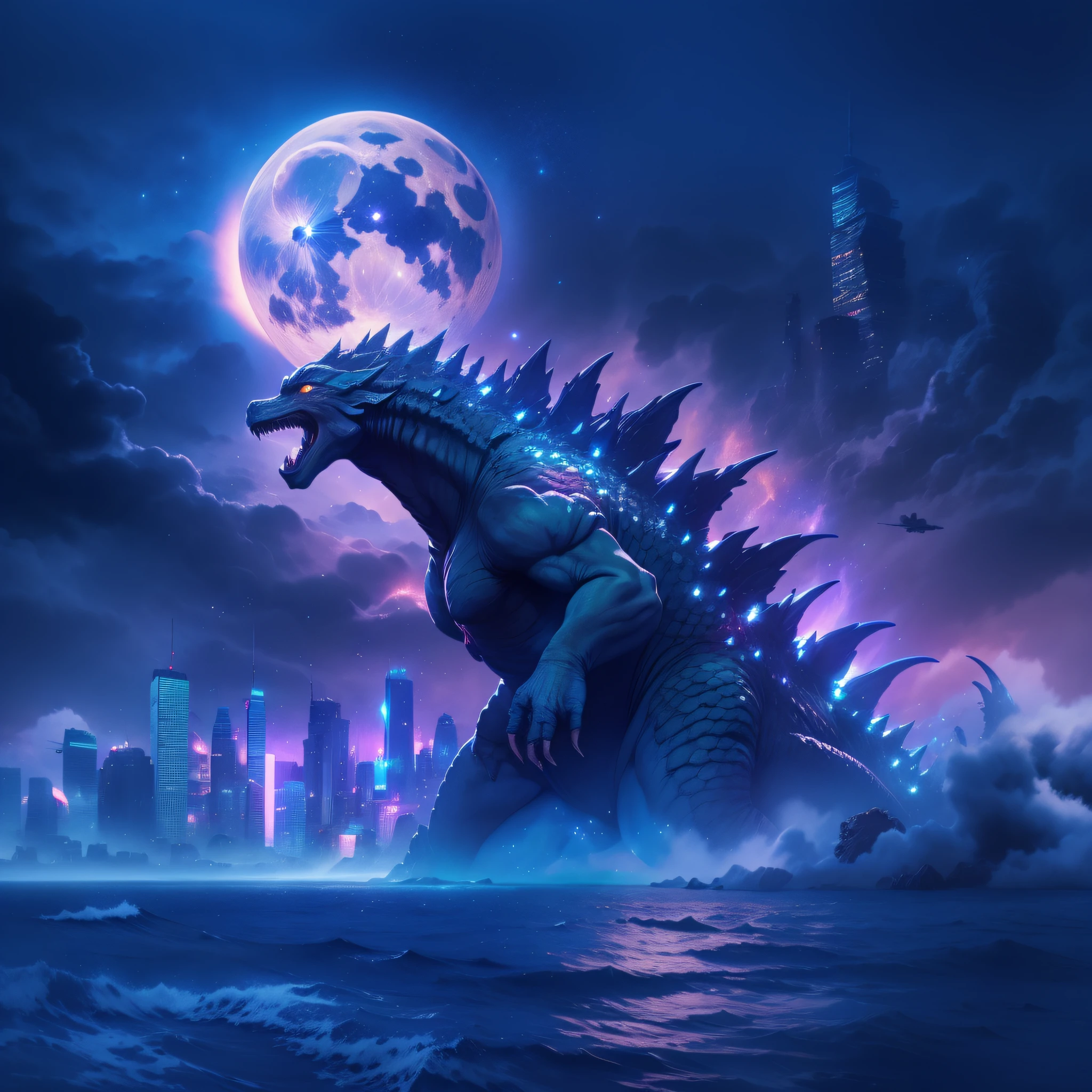 Godzilla rising over the city at night with a full moon - SeaArt AI