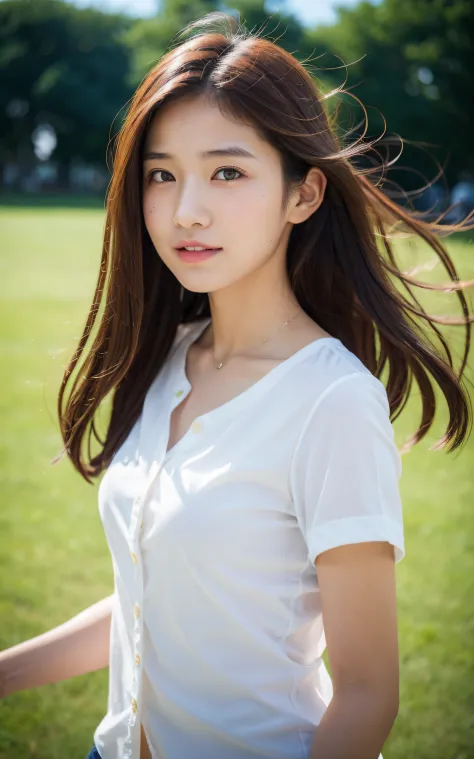 ((Best Quality, 8K, masutepiece: 1.3)), Full body, Sharp Focus: 1.2, 1 girl, 16 years old, A pretty girl with perfect figure, Cute, Shy, Beautiful thighs, ((Shoulder-length straight hair swaying in the wind)), (White shirt with buttons: 1.1), Highly detail...