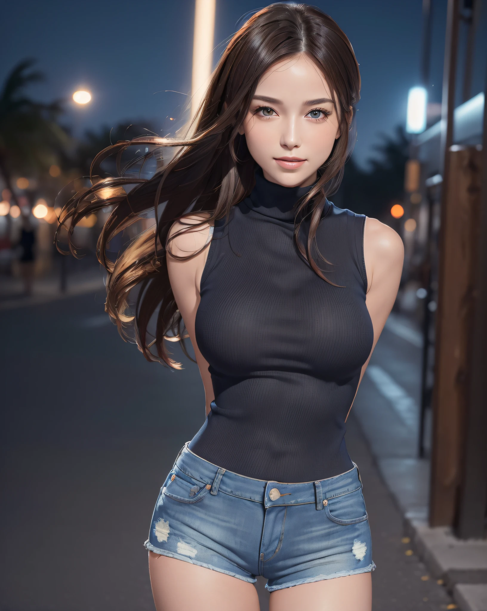(1girl:1.3, solo), (Masterpiece, best quality, photorealistic, highres, photography, :1.3), ultra-detailed, sharp focus, professional photo, commercial photo, (face focus:1.3), (upper body:1.3, bust-up portrait:1.3), BREAK, 1 brunette girl, solo, European girl, hot model, highly detailed eyes and pupils, realistic skin, (attractive body, medium-large breast:1.15), extremely detailed hair, delicate sexy face, sensual gaze, shiny lips, BREAK, ((wearing a orange sleeveless turtleneck sweateri:1.3, denim shorts:1.3)), (night time:1.5, outdoor, at night beach street, blue ocean, blurry background, simple background, no human background:1.25, no-trees background:1.25), (standing, attractive posing, arms up, arms behind up on head, armpit focus), ((realistic, super realistic, realism, realistic detail)), perfect anatomy, perfect proportion, bokeh, depth of field, hyper sharp image, (attractive emotion, seductive smile, :d, ;p),