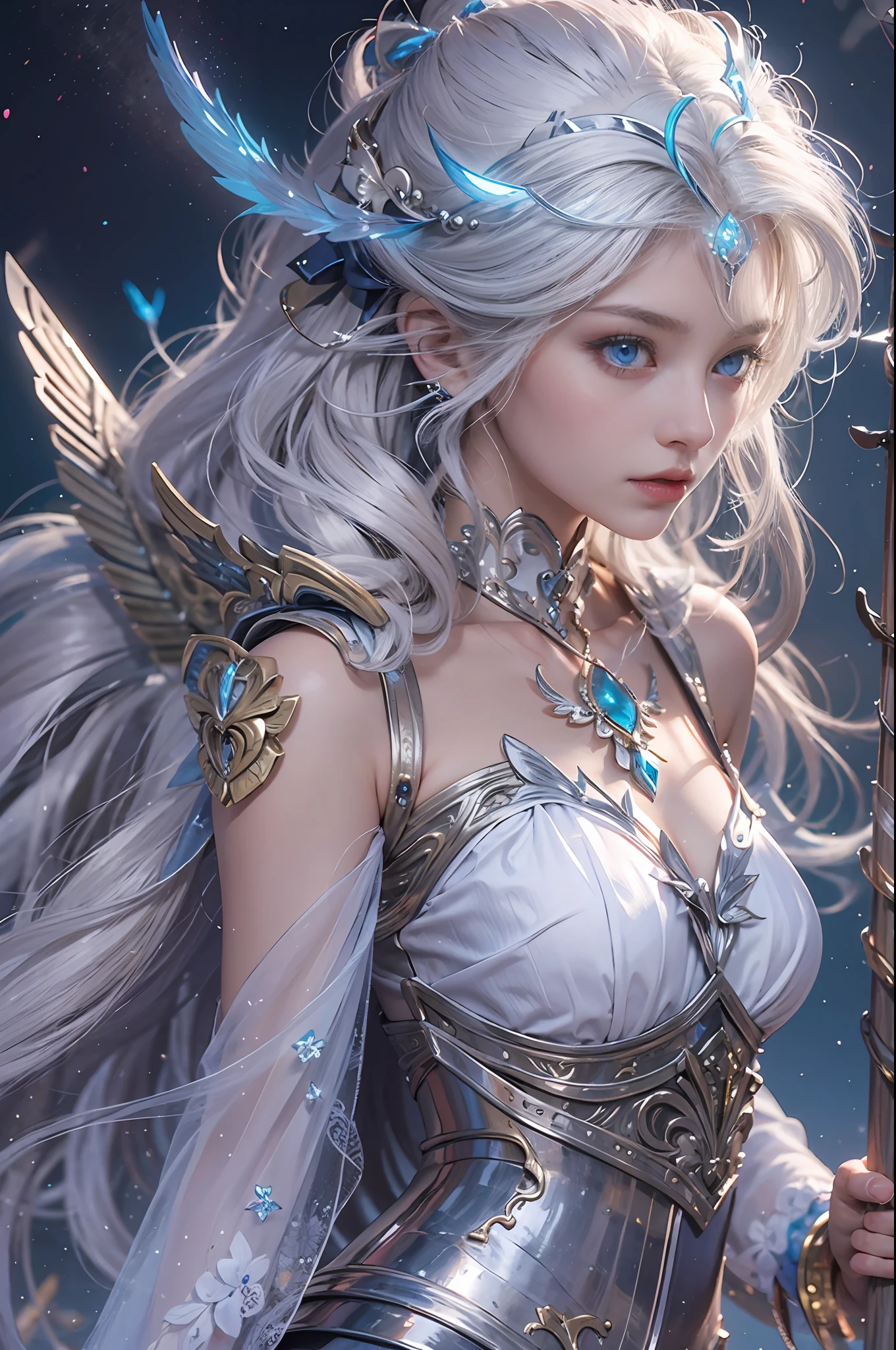 (Archer girl dressed in armor like an enchanting moon goddess),(Realistic Beautiful Night Sorceress),(Artemis, goddess of the moon),Silver bow and arrow with luxurious decoration in the hand,Ready to shoot the bow,mysterious girl,Amazing effect,(small tits),Lifelike face,Compassionate eyes,cute  face,Blue eyes,Realistic Nada Room,Silver hair shining like the moon,de pele branca,Young Goddess,Photoquality,Dignified Moon,Tsurime,Blue glowing eyes,((Bow Drawing Pose)),