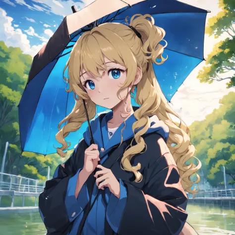 Blonde curly ponytail girl，Blue pupils，Loose outerwear，Portable umbrella，Park waterside