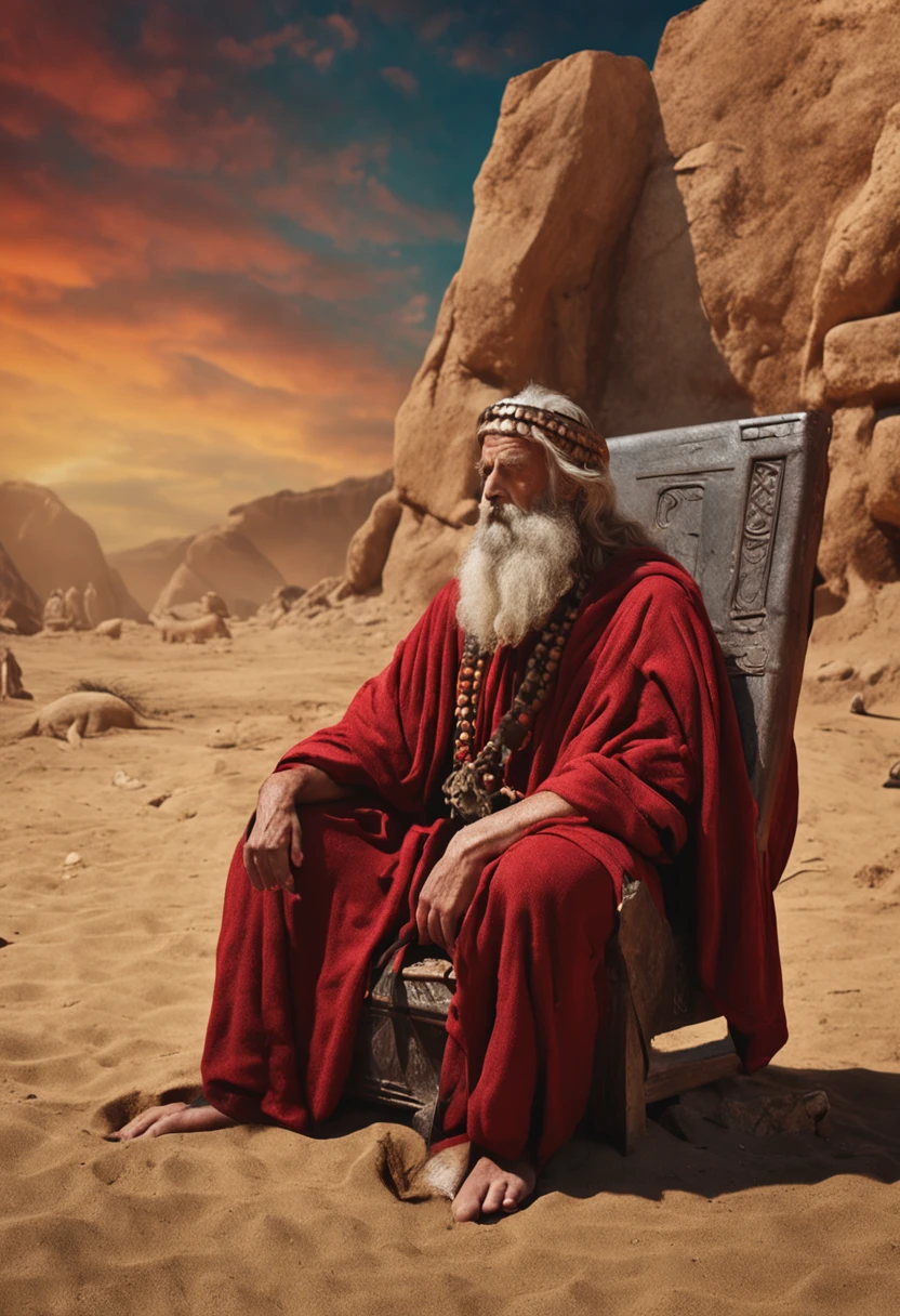 Man in red bathrobe holding a stone with writing, moses, Jesus Gigachad