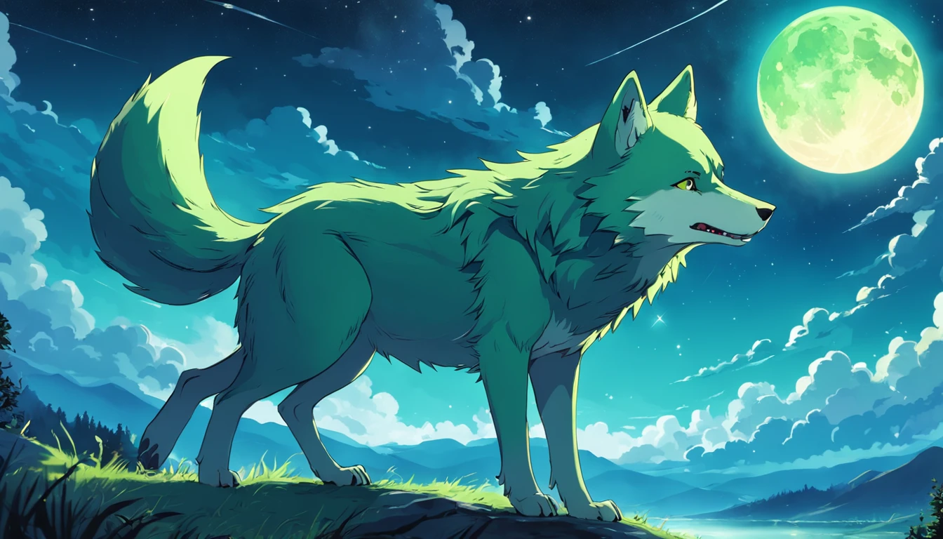 Card frame Cute young green wolf Blue sky The huge moon is extremely ...