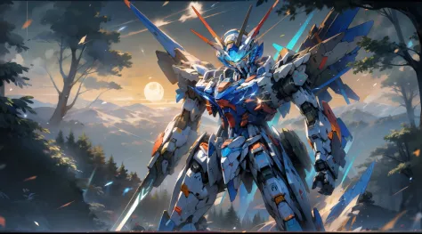 (Up to 00 Gundam Exia),(Gundam Exia),Up to 00， Gundam Exia,A brave soldier stands near the war mech in the forest. it's night time，There is a full moon in the sky，Full of stars，There are some fireflies in the background. He is sending positive signals. Pan...