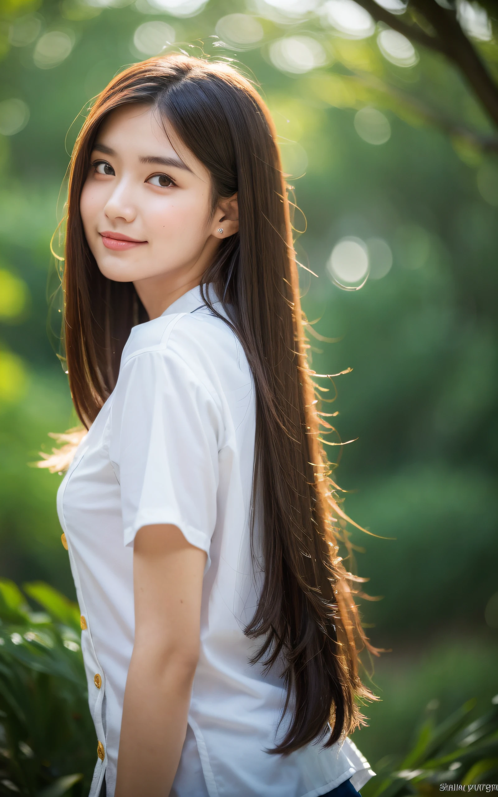 ((Best quality, 8k, Masterpiece: 1.3)), Sharp focus: 1.2, 1 girl, 16 years old, A pretty girl with perfect figure, cute, shy, ((sway in the wind shoulder length straight hair)), (White shirt with buttons: 1.1), skirt, Highly detailed face and skin texture, Detailed eyes, forest lake with mist
