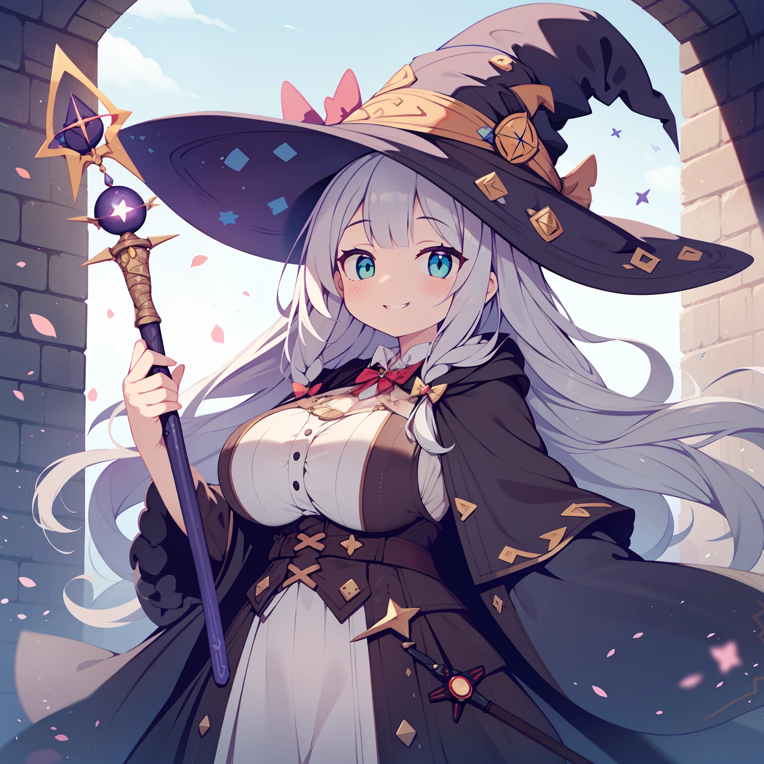 1girl in, Solo, masutepiece, nffsw、Shaders、Brilliant Textured Work、(witch's robe:1.5)、Silvery hair、Lolita、Very long hair、Outer bouncing hair、(witch's hat:1.3)、(Witch's Wand:1.3)、Plump lips、a closed mouth、very large breast、You can see the valley.、emerald eyes、radiant eyes、witch's house、grin,