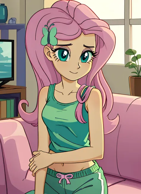 ((best quality)), ((highly detailed)), masterpiece, (detailed eyes, deep eyes), (1girl), dynamic angle, cowboy shot, mlpfluttershy, pink hair, hair ornament, blue eyes, green tank top, green sweat pants, slight smile (beautiful living room, afternoon)