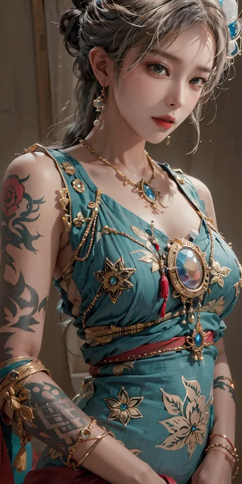 photorealistic, high resolution, soft light,1women, solo, hips up, (detailed face), jewelry, tattoo, songoku costume