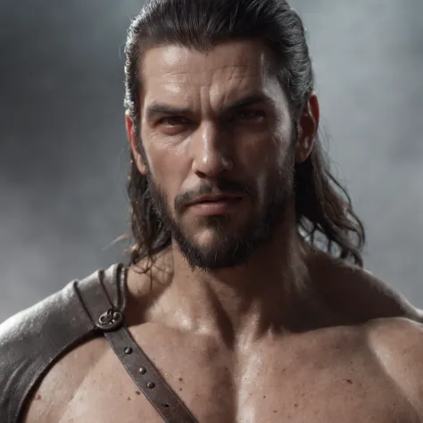(Rendu 3D professionnel:1.3) DE (Realstic:1.3) The most beautiful art photo in the world，Features of gentle and bright male heroes, ((Epic hero fantasy muscle rough man wet angry hero look at long hair short beard and fierce expression in dynamic pose, Emp...