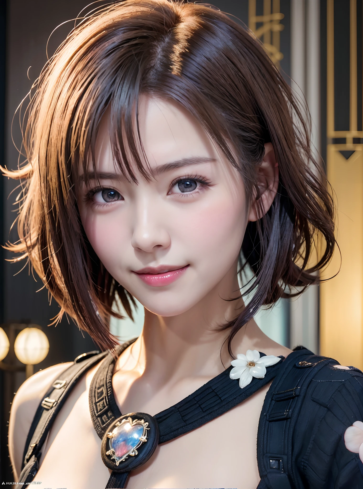 Digital portrait of gorgeous Japan short-haired woman, Beautiful face, Convoluted, Cinematic, Realistic epic, unreal enginee 5, Gorgeous, Incredible color grading, Trending on ArtStation, Photography, cinematic photography, Art Germ and Ross Draw Style、a smile