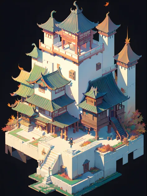 (isometric:1.5), (masterpiece, top quality, best quality, official art, beautiful and aesthetic:1.2),(16k, best quality, masterpiece:1.2),architecture, [:(black background:1.5):40],Simple background,east asian architecture, (simple background:1.5), scenery, no humans, stairs, building, wall, doorstep buildings, stairs, Chinese architecture,(autumn:1.5)