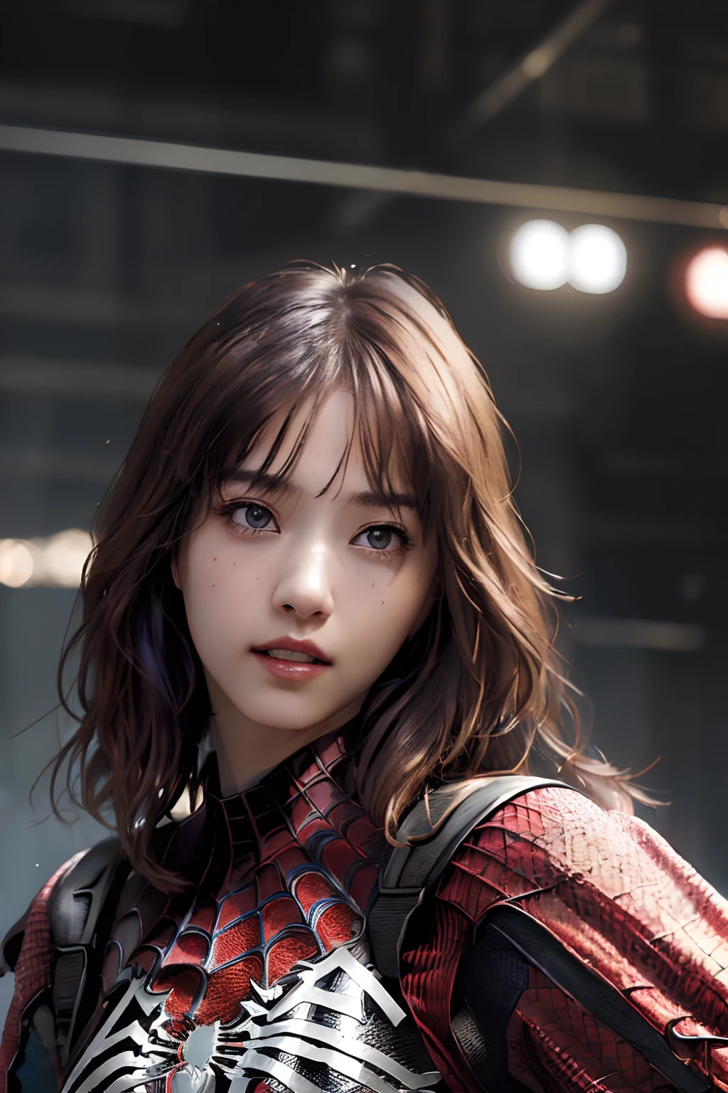(1girl:1.3), solo, (((extremely detailed face))),(((extremely detailed eyes and face))),beautiful detailed brown eyes, body-parts__, official art, unified 8k wallpaper, super detailed, beautiful and aesthetic, beautiful, masterpiece, best quality, raw, masterpiece, super fine photo, best quality, super high resolution, photorealistic realism, sunlight, full body portrait, amazing beauty,, dynamic pose, delicate face, vibrant eyes, (from the front), (wearing a Spider-man suit, red and black color scheme, spider, very detailed abandoned warehouse background, Detailed face, detailed complex busy background, messy, gorgeous, milky white, highly detailed skin, realistic skin details, visible pores, sharp focus, volumetric fog, 8k uhd, DSLR, high quality, film grain, fair skin, photo realism, lomography, huge metropolis in future dystopia, seen from below, translucent