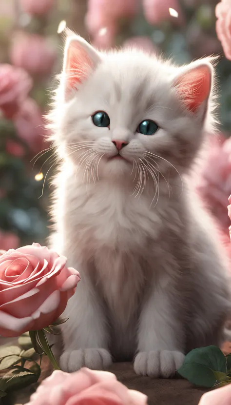 In this ultra-detailed CG art, cute kittens surrounded by ethereal roses, laughter, best quality, high resolution, intricate details, fantasy, cute animals, open mouths, laugh!!