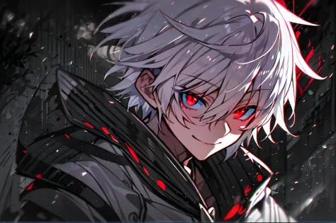 hight resolution,Anime boy with white hair and red eyes staring at camera, Glowing red eyes,slim, dressed in a black outfit,Shad...