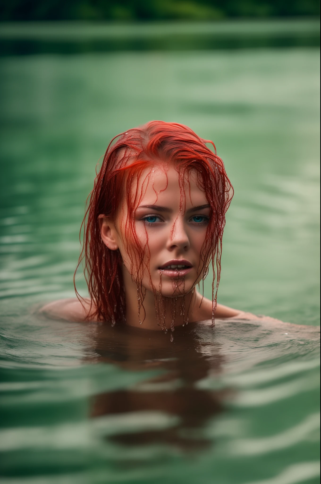 Arafed woman with red hair in the water with a frizbee - SeaArt AI