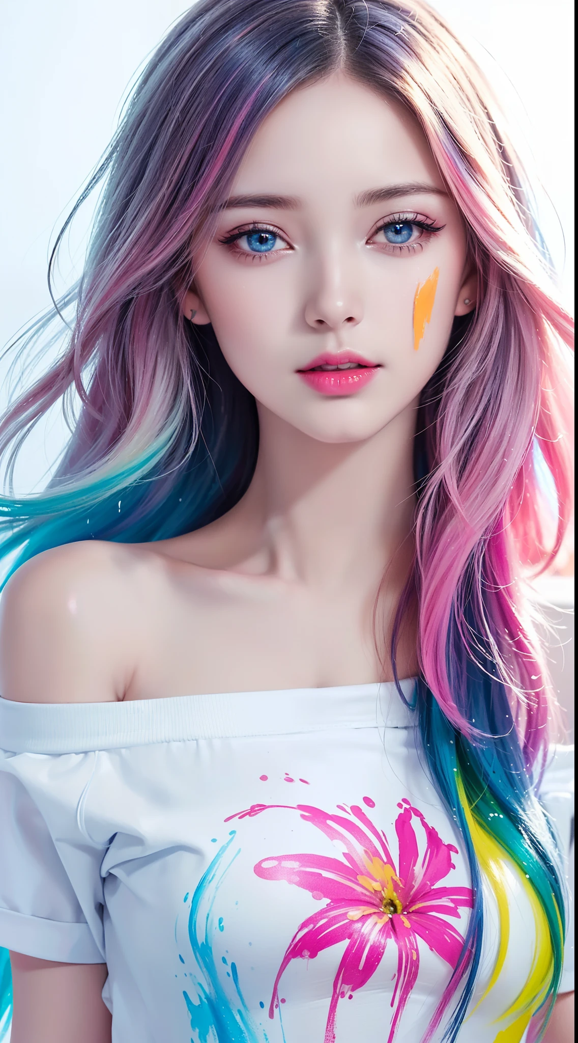 （Pink Fashion T-shirt：1.9），(Colorful hair: 1.8), (all the colours of the rainbow: 1.8),(((((vertical painting：1.6))), （painting：1.6），front, comics, illustrations, paintings, large eyes, crystal clear eyes,（ rainbow color gradient high ponytail：1.7）, exquisite makeup, closed mouth,(Small Fresh: 1.5),(Wipe Chest: 1.6) ，long eyelashes, white off shoulder T-shirt, White Shoulder Shirt，looking at the audience, large watery eyes, (rainbow colored hair：1.6), color splash, （solo：1.8）, color splash, color explosion, thick paint style, messy lines, ((shining))，(colorful), (colorful), (colorful), colorful, Thick Paint Style, (Splash) (Color Splash), Vertical Painting, Upper Body, Paint Splash, Acrylic Pigment, Gradient, Paint, Highest Image Quality, Highest Quality, Masterpiece, Solo, Depth of Field, Face Paint, colorful clothes, (Elegant: 1.2), gorgeous,long hair, wind, (Elegant: 1.3), (Petals: 1.4)，(((masterpiece))),(((best quality))),((ultra-detailed)),(illustration),(dynamic angle),((floating)),(paint),((disheveled hair)),(solo),(1girl) , (((detailed anima face))),((beautiful detailed face)),collar,bare shoulders,white hair, ((colorful hair)),((streaked hair)),beautiful detailed eyes,(Gradient color eyes),(((colorful eyes))),(((colorful background))),(((high saturation))),(((surrounded by colorful splashes))),