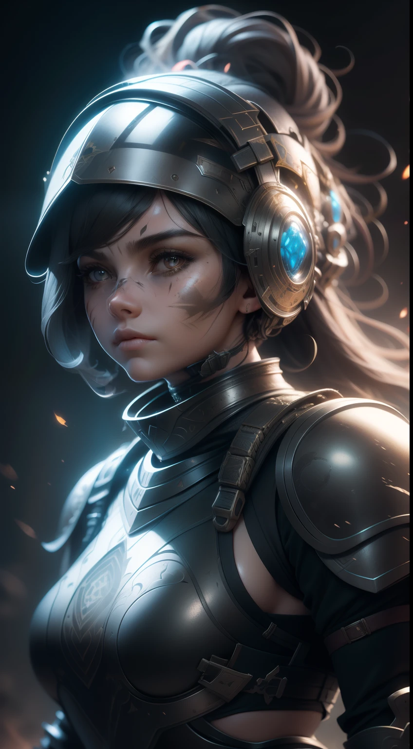 A highly detailed portrait of a female warrior dressed in intricate black plate armor，The face is bruised, Mysterious dark nature background, high resolution, 4K, 8K