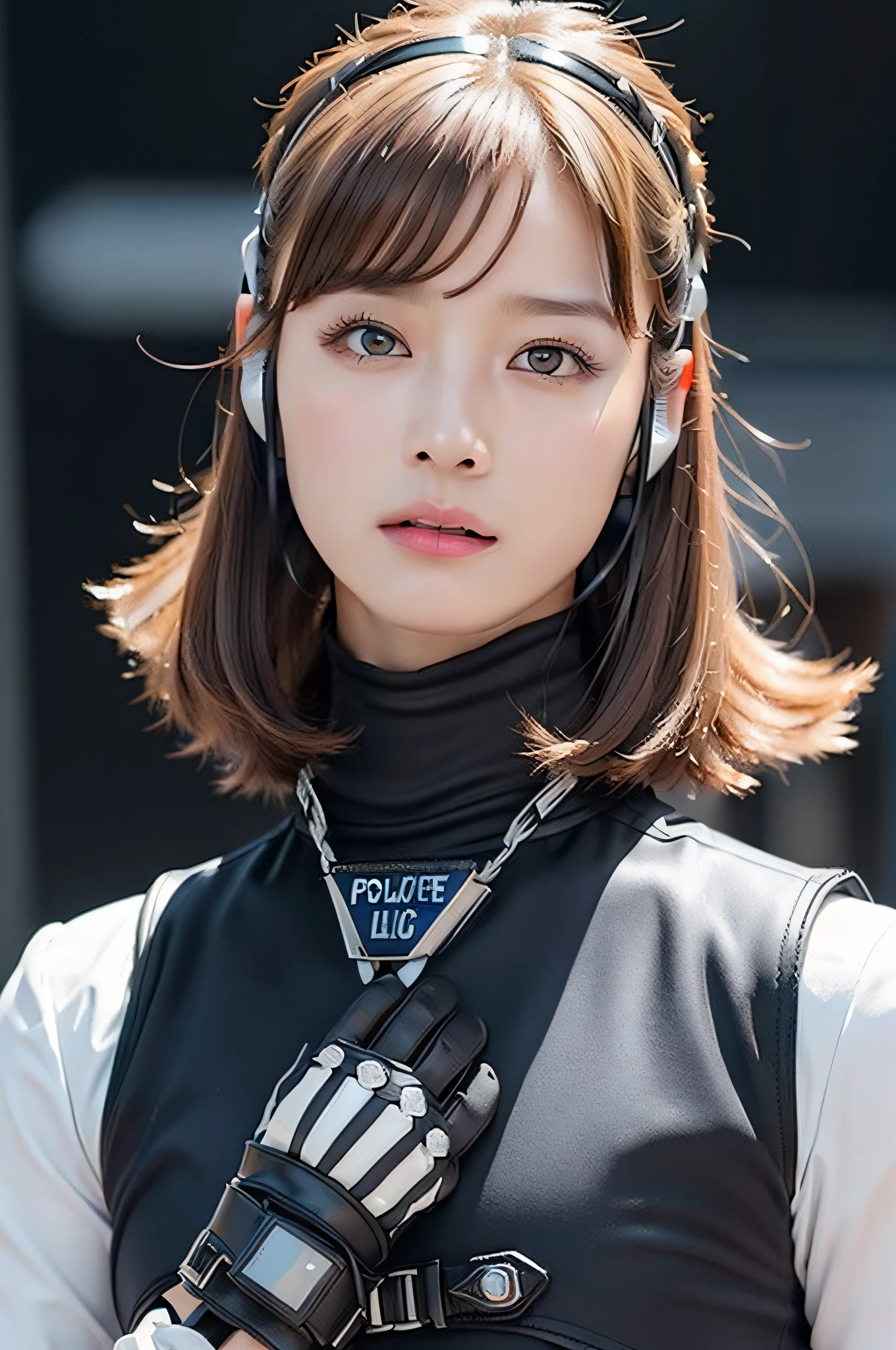 Top Quality, Ultra High Definition, (backlight), (Photorealistic: 1.4), (close up:1.6, focus on face), 1 Beautiful Girl, (Kpop Idol), Detailed Face, (Pink fullbang, updo Hair: 1.3), Contrapposto, Smooth Skin, Perfect Anatomy, Professional Lighting, ((wearing Futuristic Police Racing Suits, police wappen, High-tech Headset, military harness, racing gloves, machinegun)), ("POLICE", Cloths colors based on silver pink black white), (background, crashed cars, fire, (Explosion)),