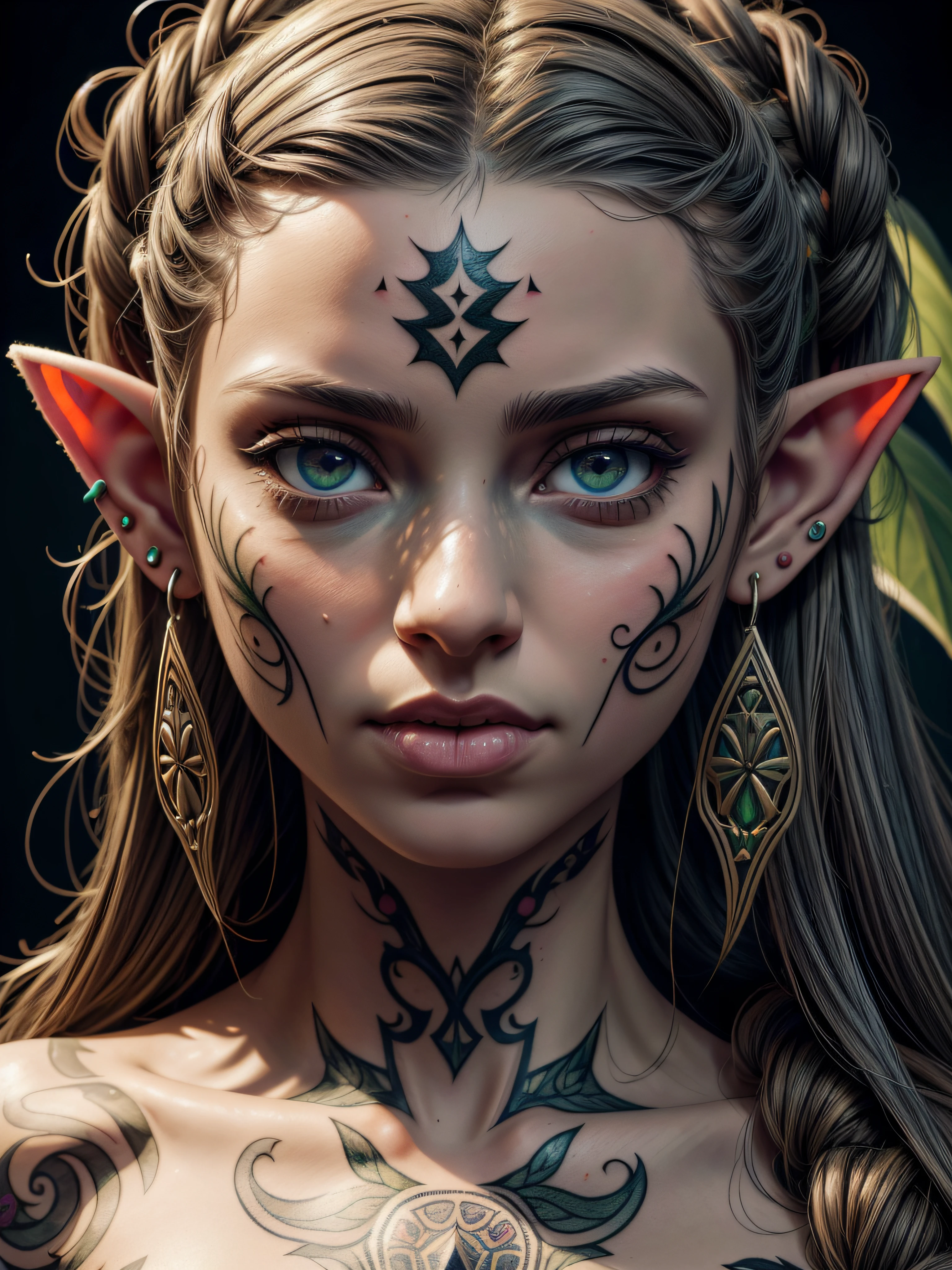 elf girl portrait, piercing ear, piercing mouth, piercing nose, wearing herbal outfit, demon head, hyper detailed eyes, hyper detailed face, tattoo on face, plasters on girl face, 16k, 8k, RAW photo, best quality, masterpiece, high detail RAW color photo, dramatic lighting, cinematic lighting, back light, professional lighting