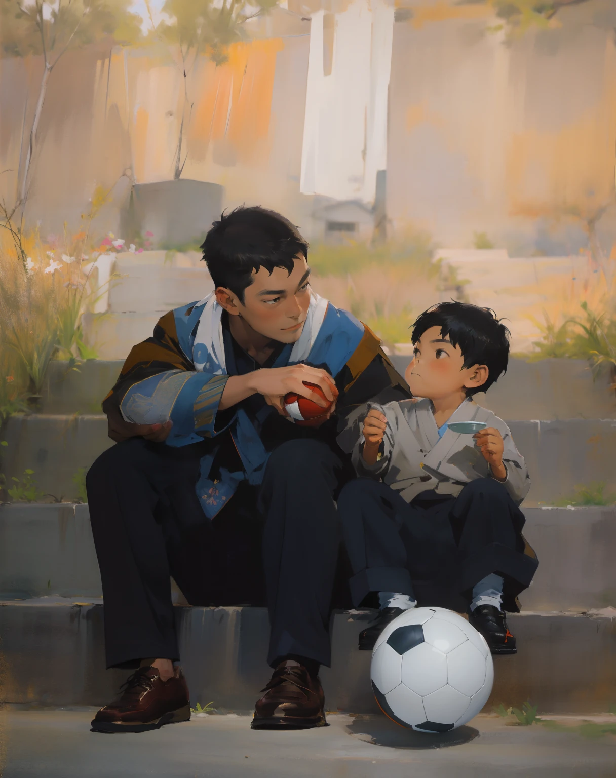 On the steps sat a man and a boy，Asia face，Holding a football in his hand, With a child,  Photo portrait，Oil painting in Feixin style