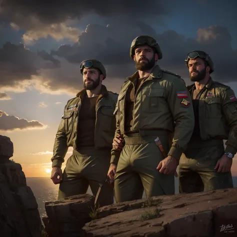 A three muscular Soviet Union soldiers on vacation, hairy body, alpha male, huge biceps, ripped abs, shaggy hair, gym pants, they look at the sunset from the top of a high cliff., cuddle together, threesome, smile, 4k, high detailed, beautiful, dark age, a...