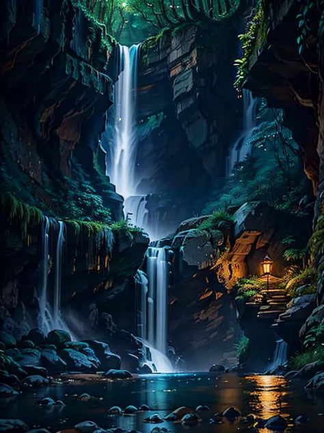 waterfallr，water flowing，High picture quality，the detail，downy，the night，Stardust，magic，naturey