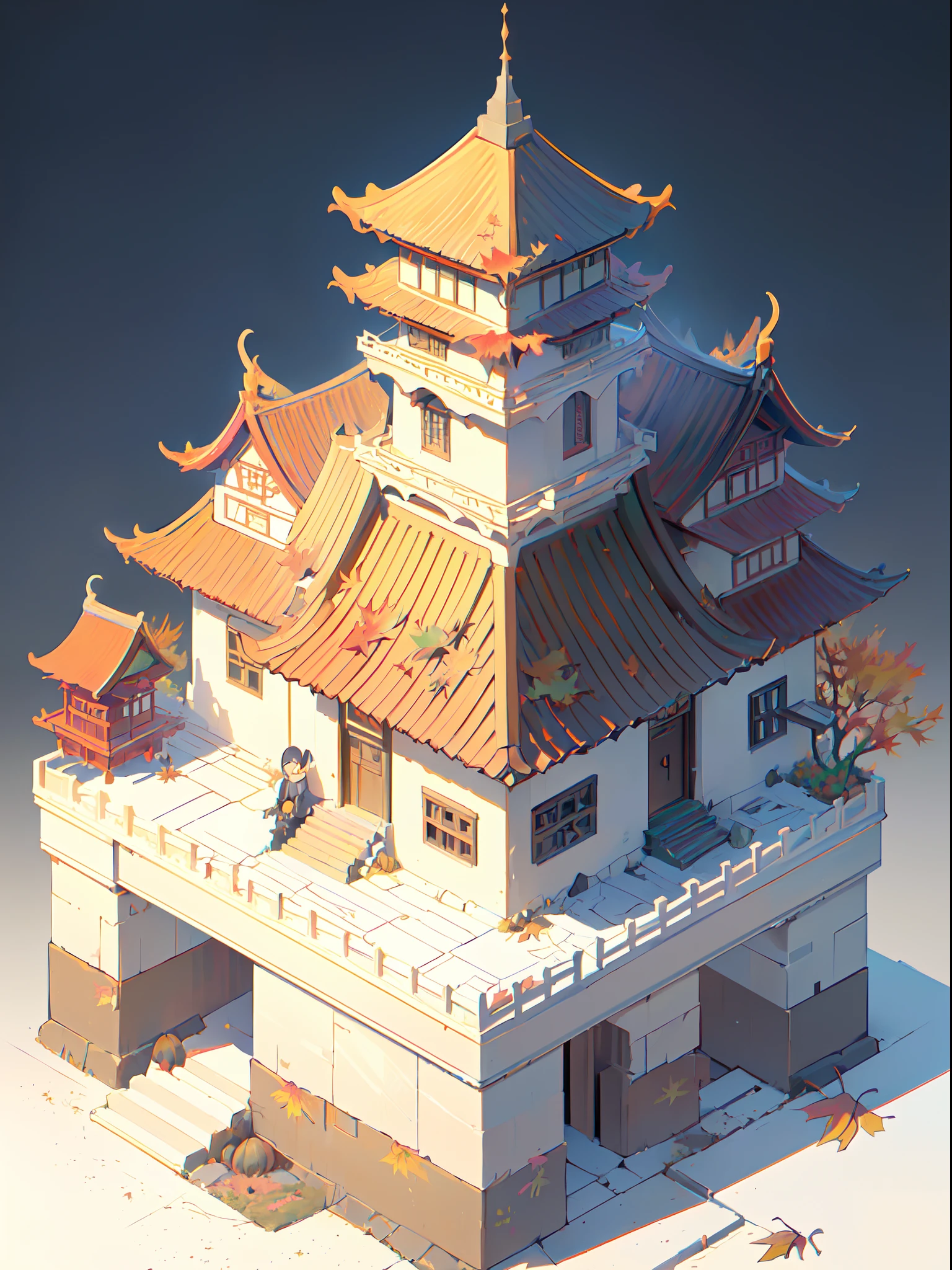 (isometric:1.5), (masterpiece, top quality, best quality, official art, beautiful and aesthetic:1.2),(16k, best quality, masterpiece:1.2),architecture, [:(black background:1.5):40],Simple background,east asian architecture, (simple background:1.5), scenery, no humans, stairs, building, wall, doorstep buildings, stairs, Chinese architecture,(autumn:1.5)