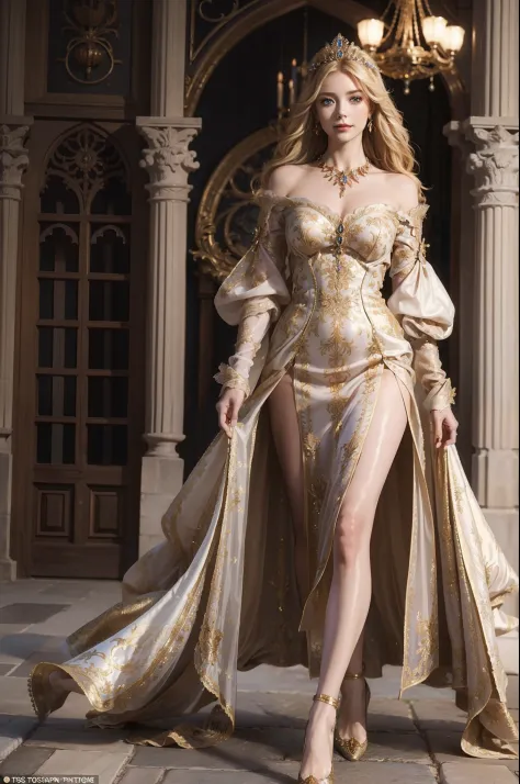 ((top-quality、​masterpiece、photographrealistic:1.4、in 8K))、Beautuful Women、18year old、Beautiful expression、a blond、extremely detailed eye and face、beatiful detailed eyes、Formal Gloves、（Gorgeous orange luxury dress in medieval European style、Headdress in th...