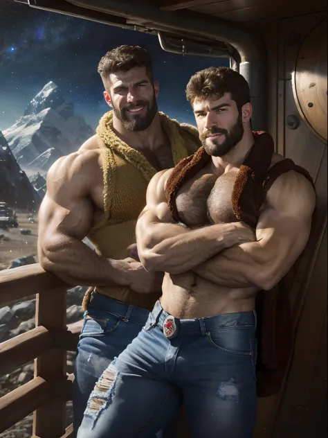 A two muscular Soviet Union soldiers on vacation, hairy body, alpha male, huge biceps, ripped abs, shaggy hair, jeans, mountain spaceport with starships, cuddle together, smile, 4k, high detailed, beautiful, dark age, art by Stanley artgerm, by Daniel f ge...