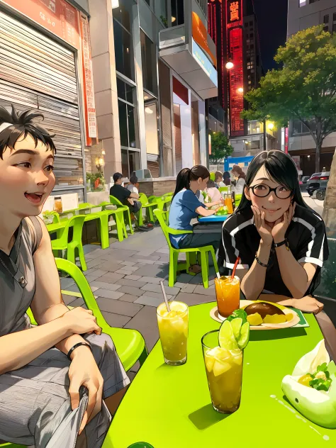 several people sitting at a table with food and drinks, people outside eating meals, nostalgic feeling, photo taken in 2 0 2 0, ...