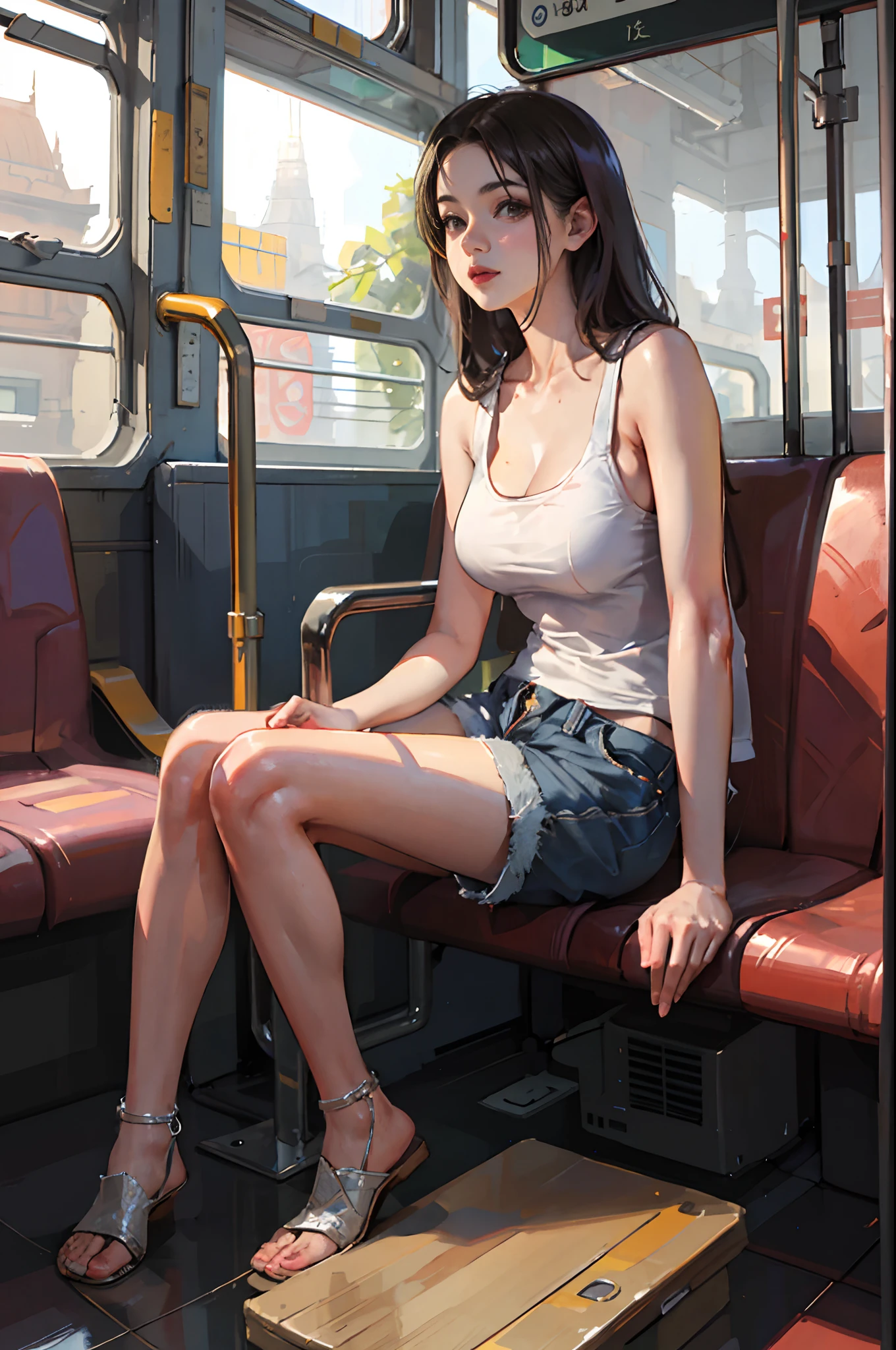 There is a woman sitting on a bus with her legs crossed - SeaArt AI