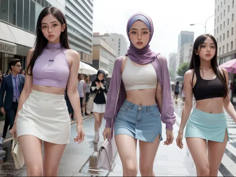 3 Cute Young malay girl in pastel lilac hijab and white Crop top  with high waists short skirt walking in crowded city street, high to knee socks, girl wear glasses, catwalk, bright lighting, professional photography, portrait photography, ultra realistic,...