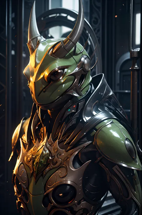 sh4g0d green frog, portrait, epic, rim light, mechanized