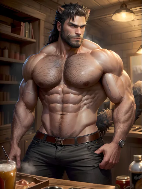 ((masterpiece, best quality, high resolution)) + A handsome man with a rugged charm, transformed into a werewolf. He possesses a muscular physique, with prominent body hair and a well-groomed beard.