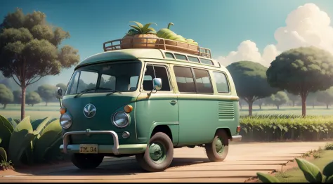 green kombi car passing through banana field, Pixar Disney style cartoon