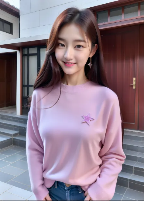 realistic photos of (1 cute Korean star) curtained hair, white skin, thin makeup, 32 inch breasts size, slightly smile, wearing purple sweater, pants, standing in front of the house, in winter, upper body, 16k