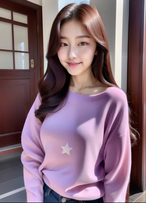 realistic photos of (1 cute Korean star) curtained hair, white skin, thin makeup, 32 inch breasts size, slightly smile, wearing purple sweater, pants, standing in front of the house, in winter, upper body, 16k