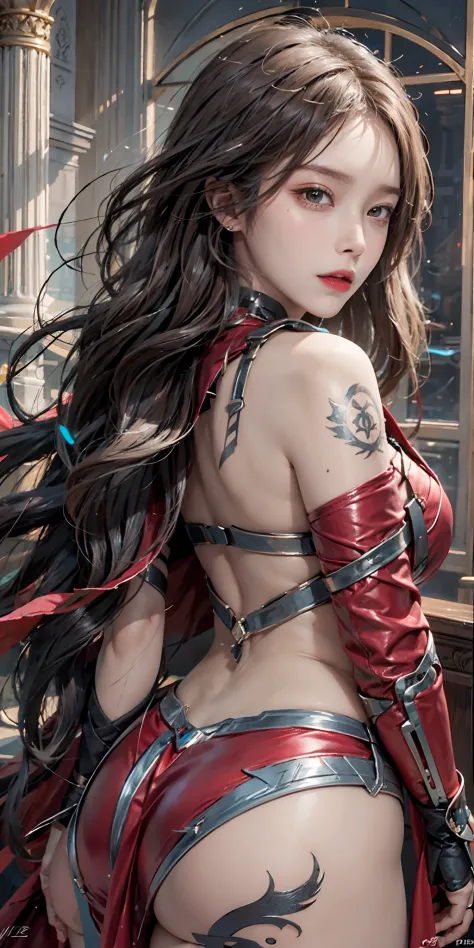 photorealistic, high resolution, soft light,1women, solo, hips up, (detailed face), jewelry, scarlet witch costume, jewelry, tat...