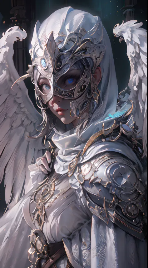 Archangel with white mask stunningly beautiful, Eldon ring, Bloodborne, Full body portrait, Sharp shots, Professional photograph...