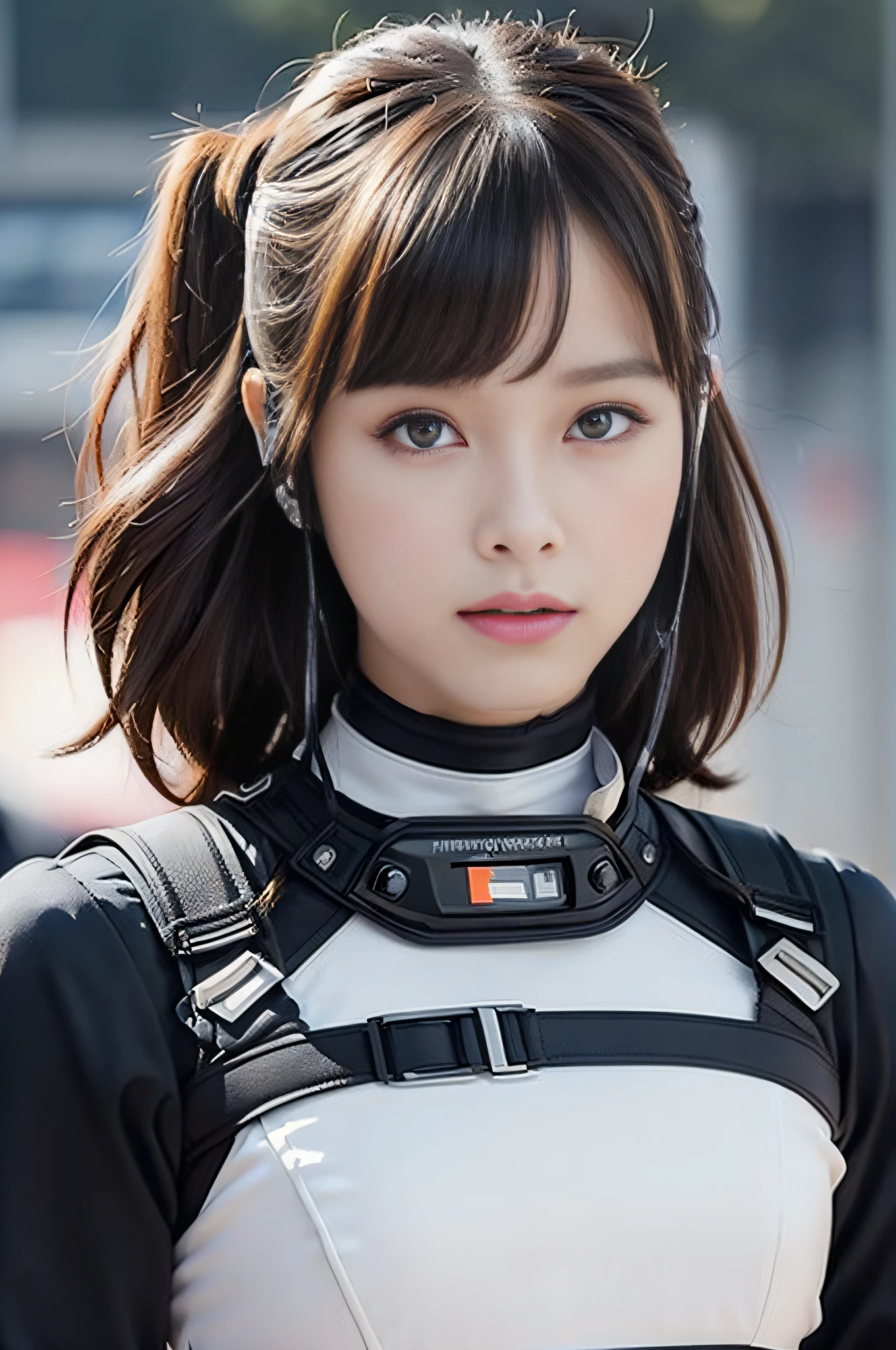 Top Quality, Ultra High Definition, (Photorealistic: 1.4), (close up:1.6, focus on face), 1 Beautiful Girl, (Kpop Idol), Detailed Face, (Hair Color Pink:1, fullbang, updo-style:1), Contrapposto, Perfect Anatomy, Smooth Skin, Professional Lighting, ((wearing Futuristic Police Racing Suits, police wappen, High-tech Headset, military harness, police wappen, racing gloves, machinegun)), ("POLICE", Cloths colors based on silver pink black white), (background, crashed cars, fire, (Explosion)),