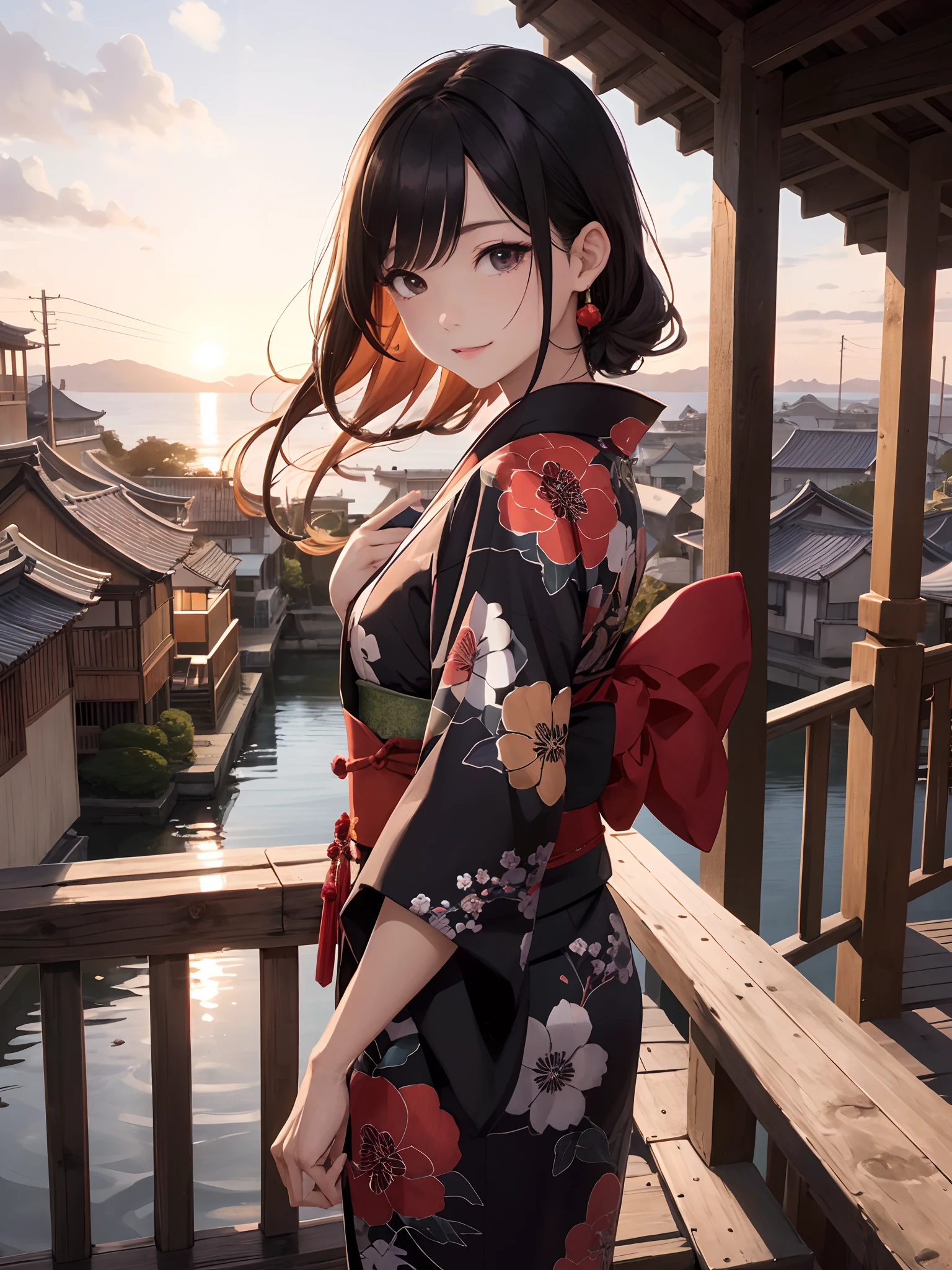 Top image quality、City girl、Black hair long straight、Kimono Dresses、Bright red sunset、on a bridge、ukiyoe painting、summer